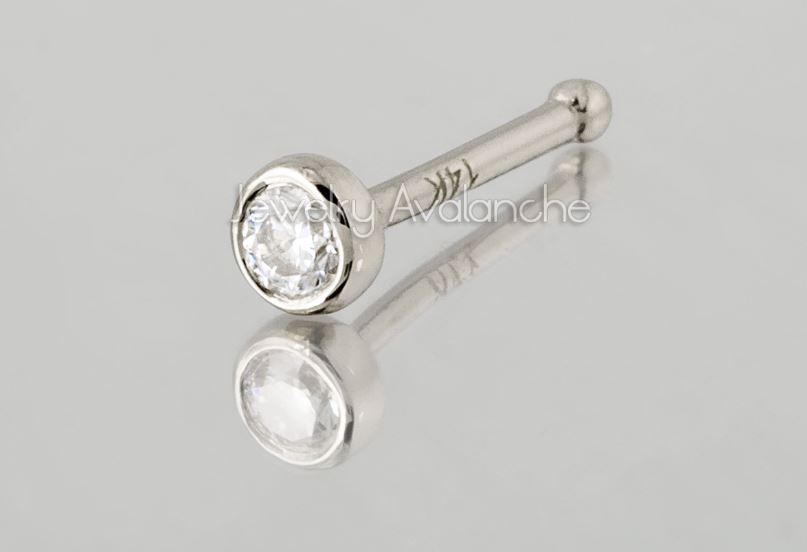 Solid 14kt White / Yellow Gold 22G Nose Bone Stud with Bezel Set Moissanite