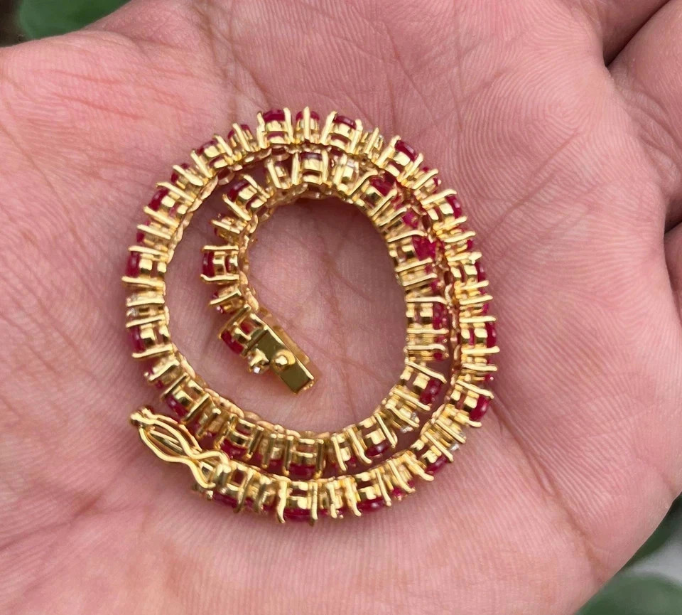 11.00Ct Oval Cut Natural Red Ruby & Diamond Tennis Bracelet 14K Yellow Gold 7″