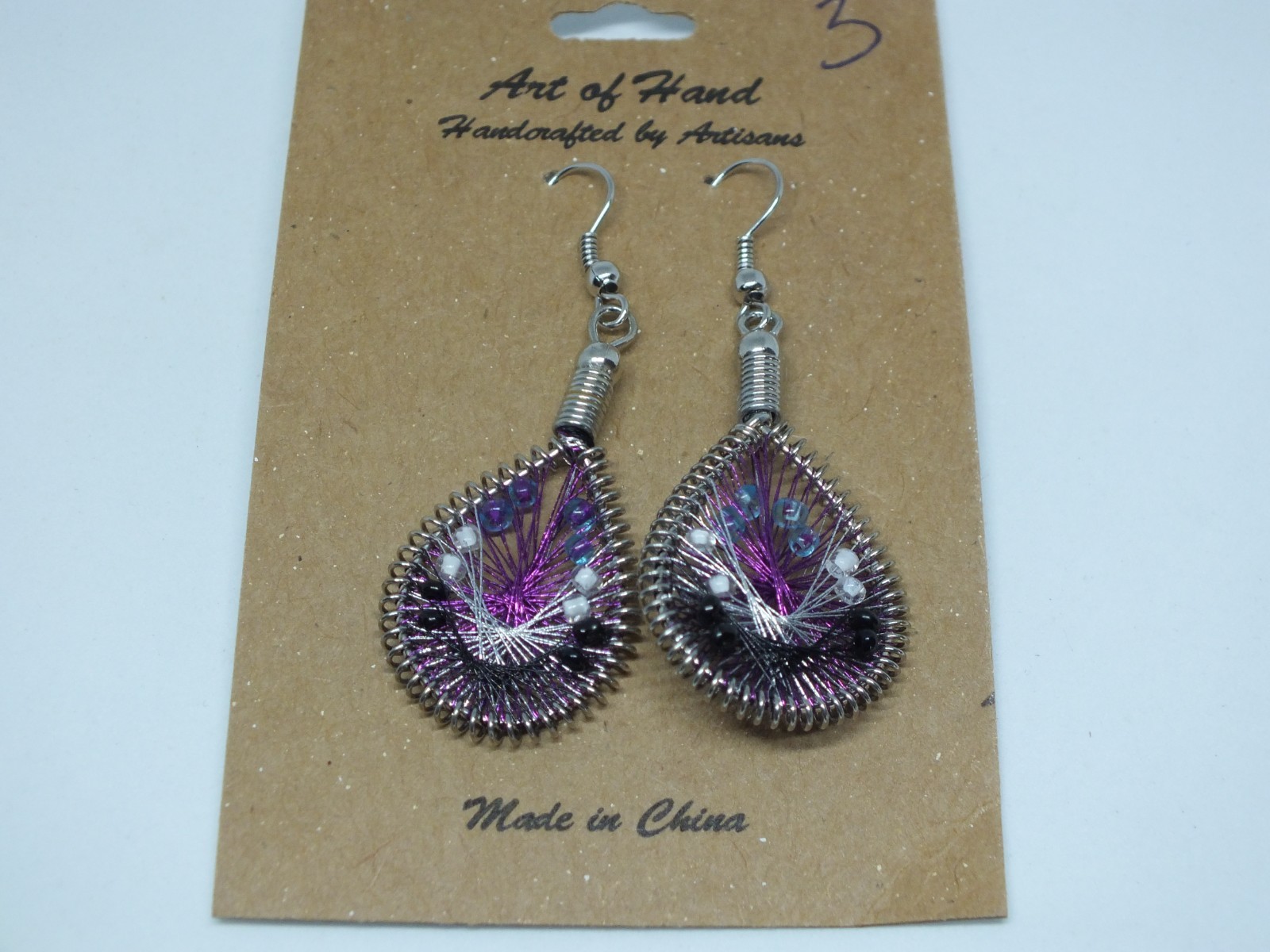 French Wire Pierced Earrings Silver Tone NA Style Purple Black Org Card 1 1/2″ L