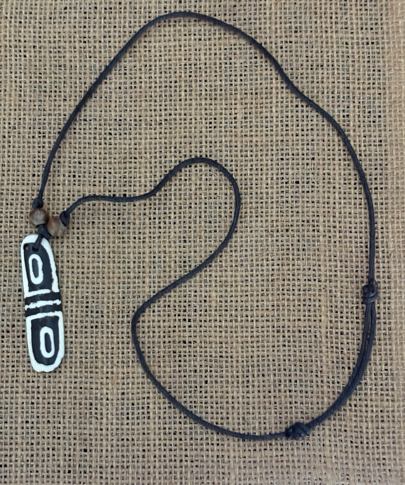 Rectangle Pendant Necklace Black Cord Black White Brown Beaded Adjustable Tie