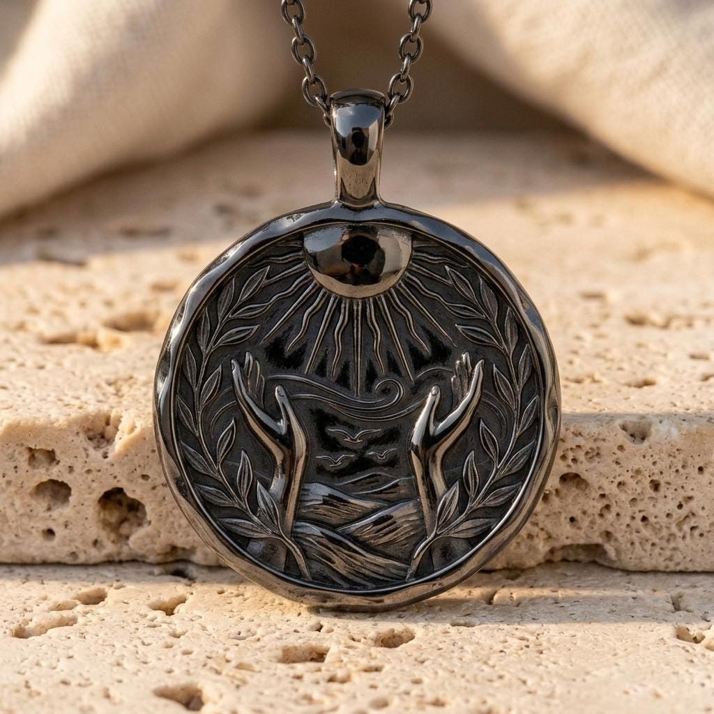 Artemis Silver Reaching Hands Sun Pendant Oxidized Bohemian Medallion Handmade