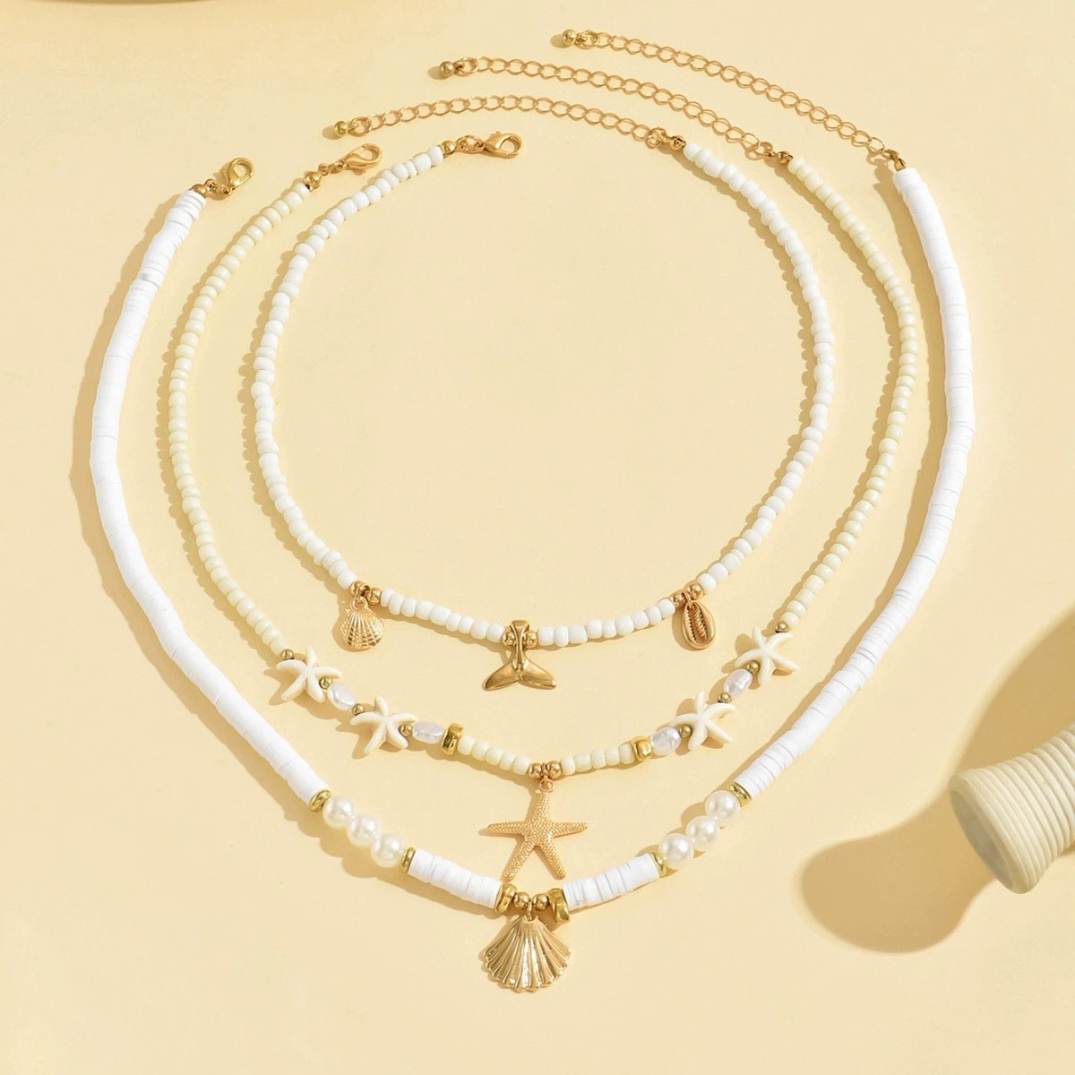 Three Layer Seed Pearl Necklace Shell Starfish Fish Tail Alloy Pendant Necklace