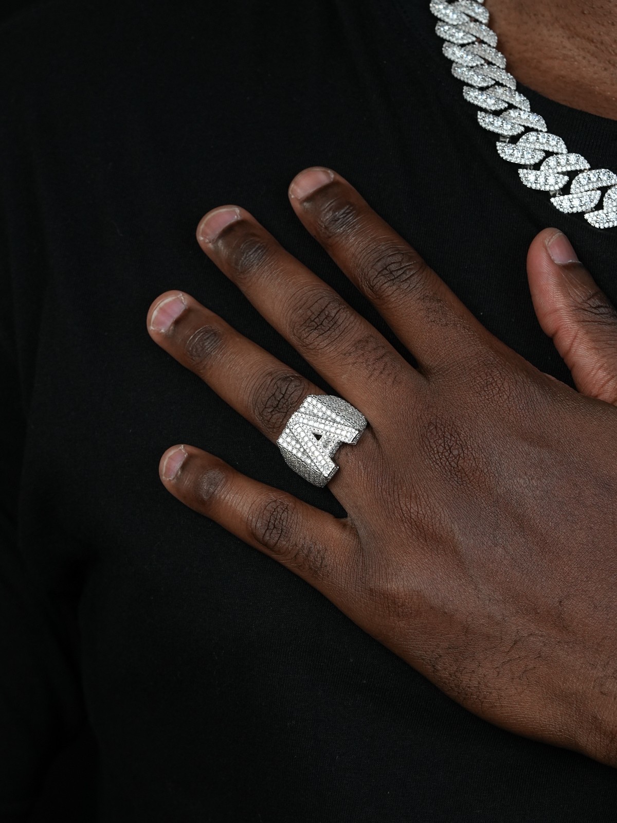 Real MOISSANITE Large Initial Letter Ring Iced Baguette Hip Hop 925 Silver A-Z