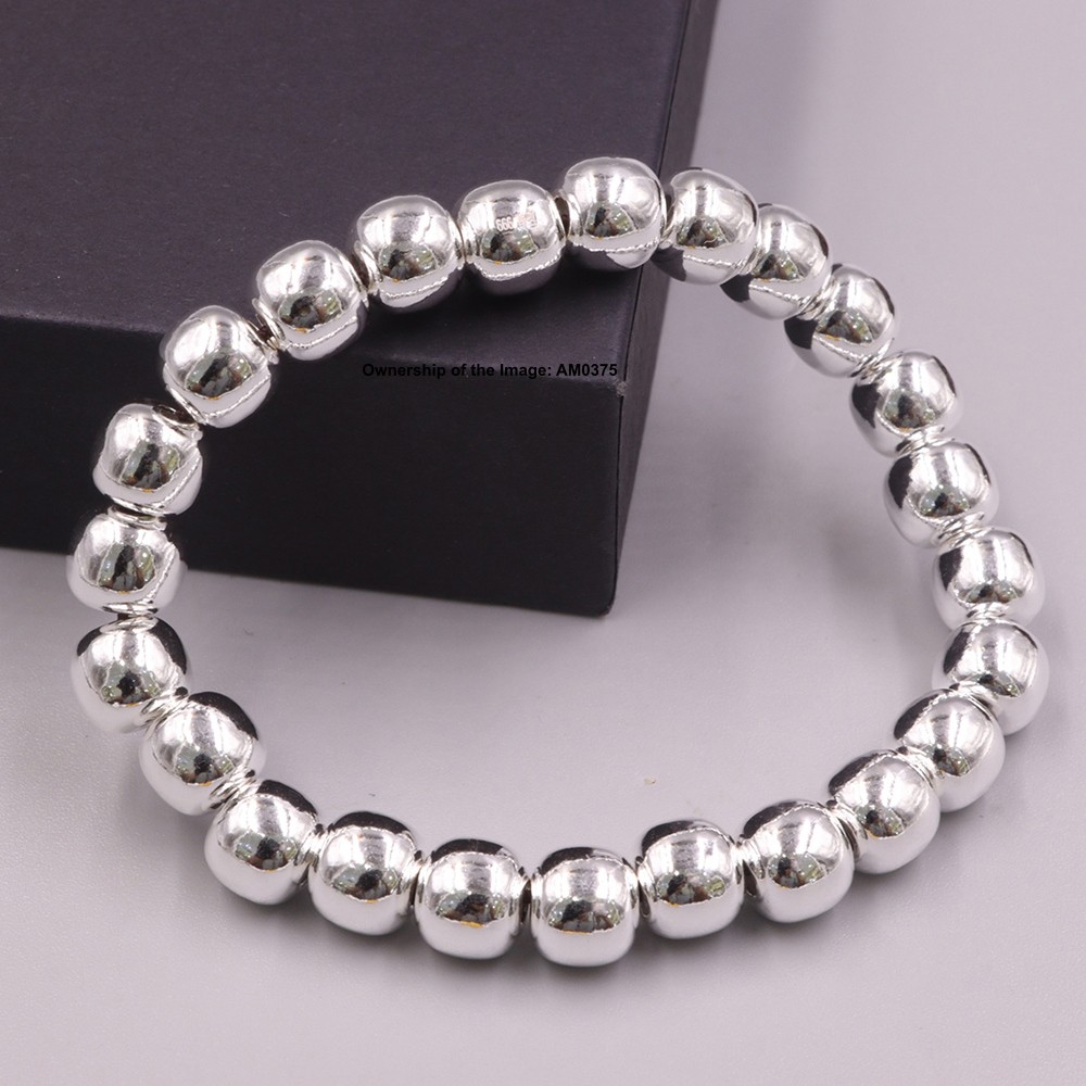 Pure 999 Fine Silver 8mm Barrel Beads Elastic Bracelet DIY Stretch Bracelet
