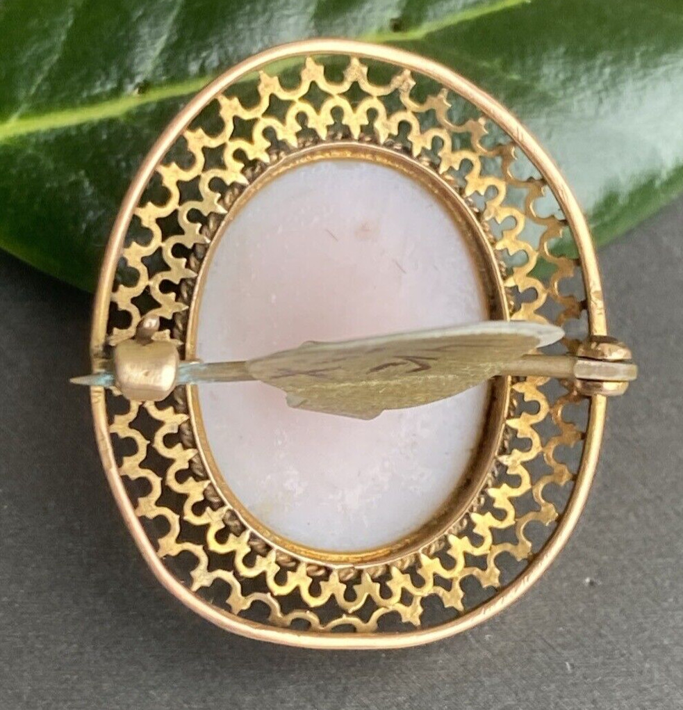 14K Yellow Gold Coral Cameo Brooch Antique Goddess Beauty Profile Fine Jewelry