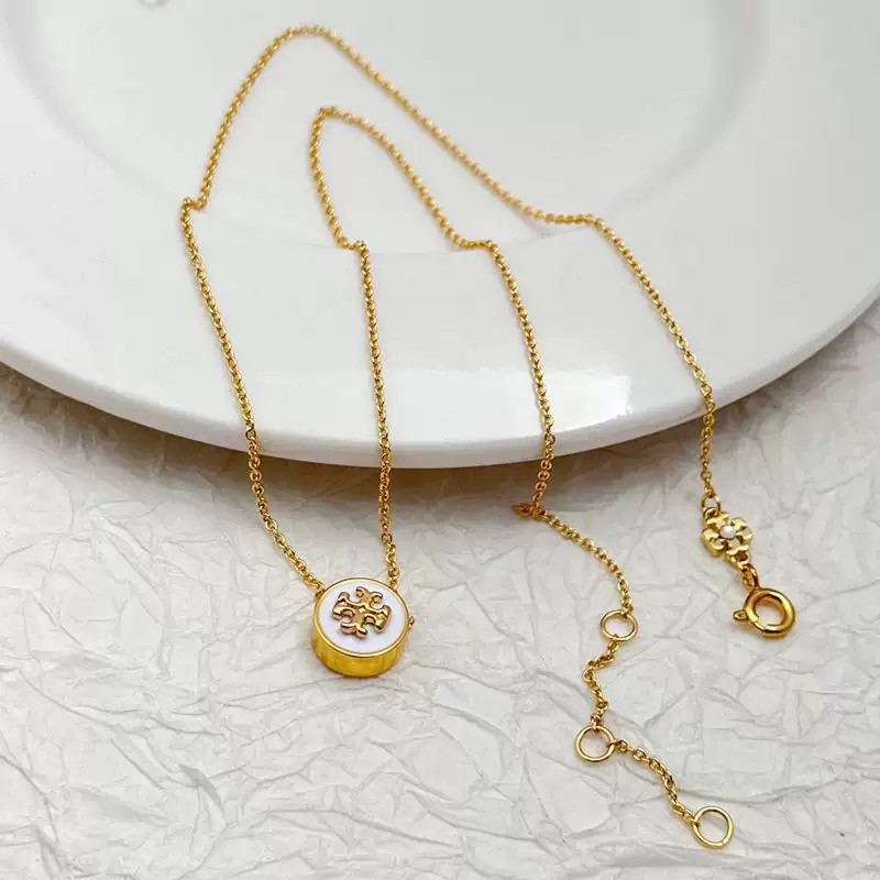 New Tory White Circle Gold Necklace with Jewelry Pouch 46.4+4cm