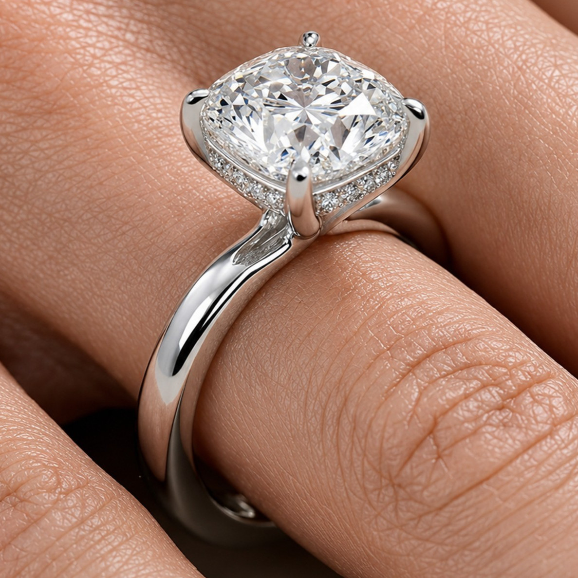 2 Carat Cushion Moissanite Hidden Halo Solitaire Engagement Ring – 925 Silver US