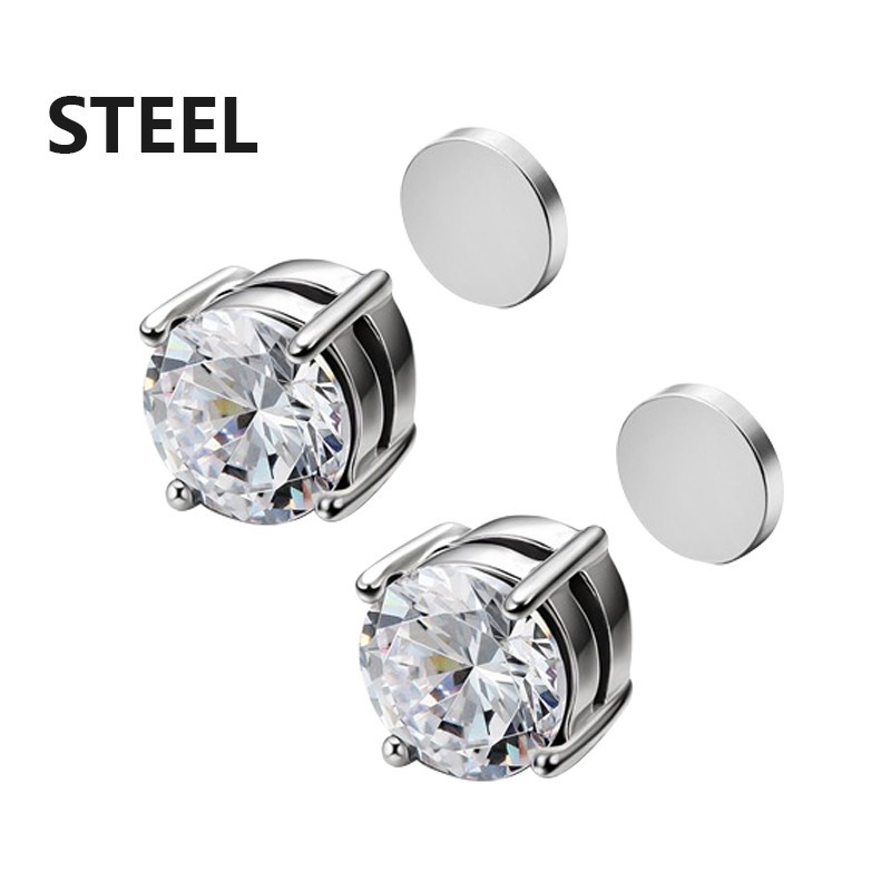 Magnetic Stud Earrings Non Piercing Clip On Stainless Steel CZ Round Square 6mm