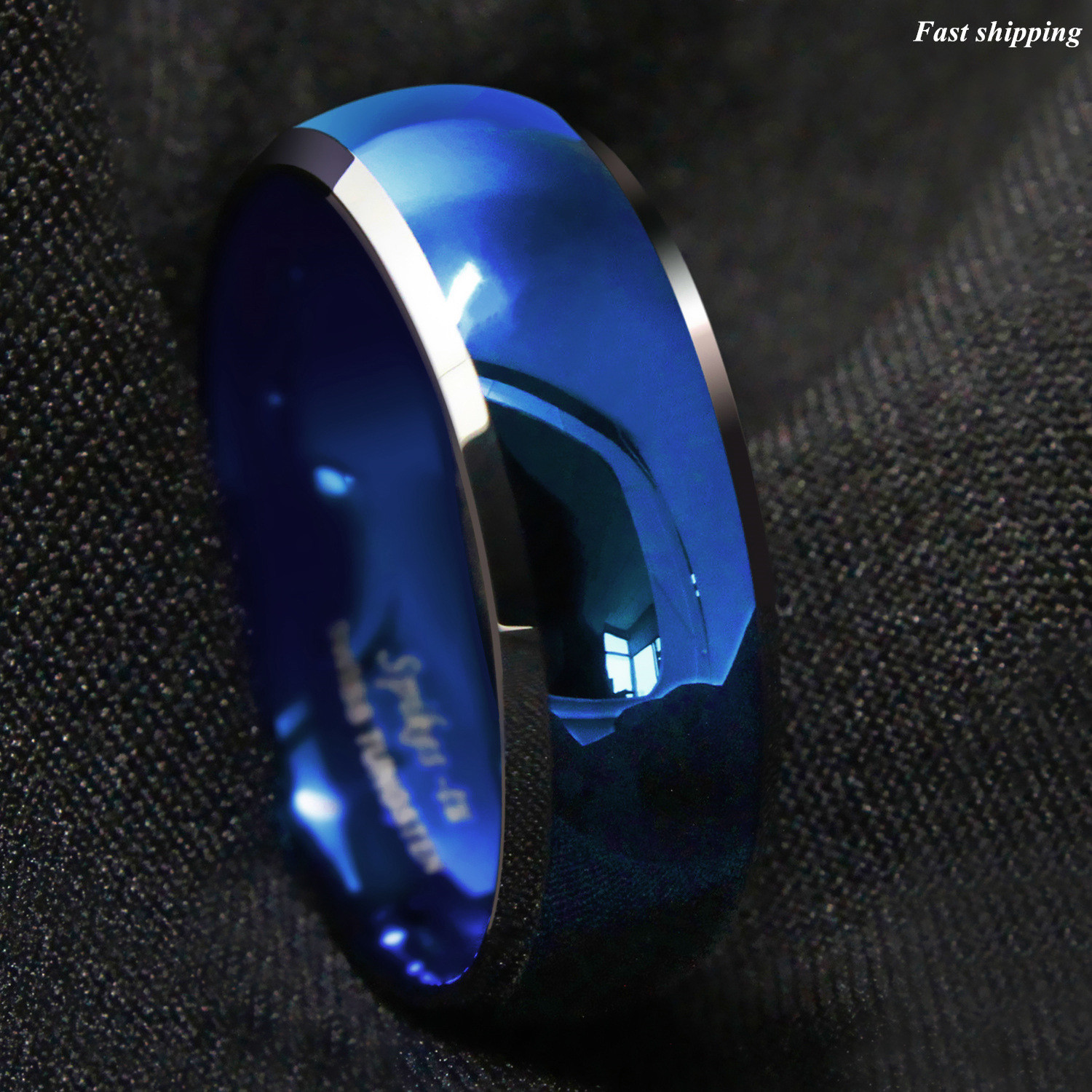 8mm Men’s Tungsten Ring Blue Domed with Beveled Silver Edges Band ATOP Jewelry