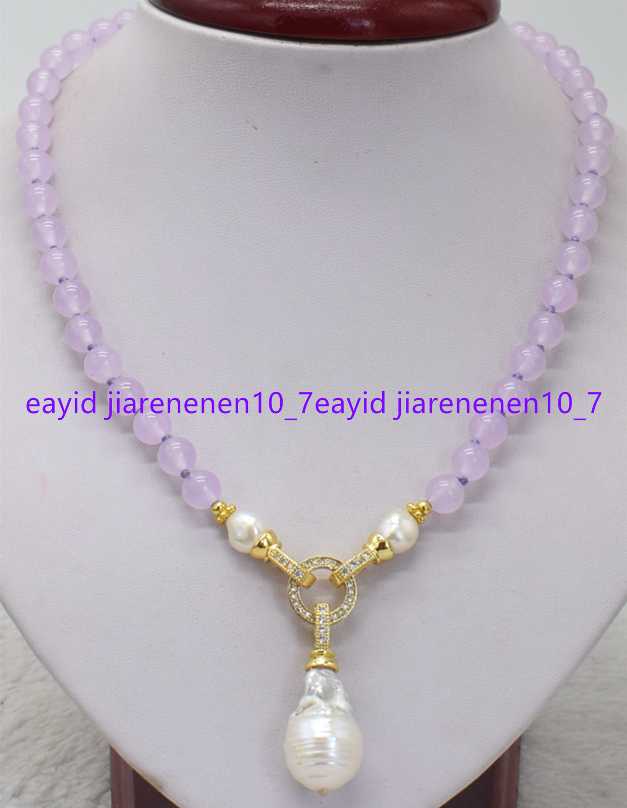 10mm Lavender Jade Round Beads & White Baroque Pearl Pendant Necklace 16-28 in