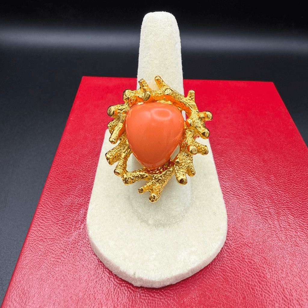 Kenneth Jay Lane coral reef adjustable ring orange gemstone set in gold New sz 6
