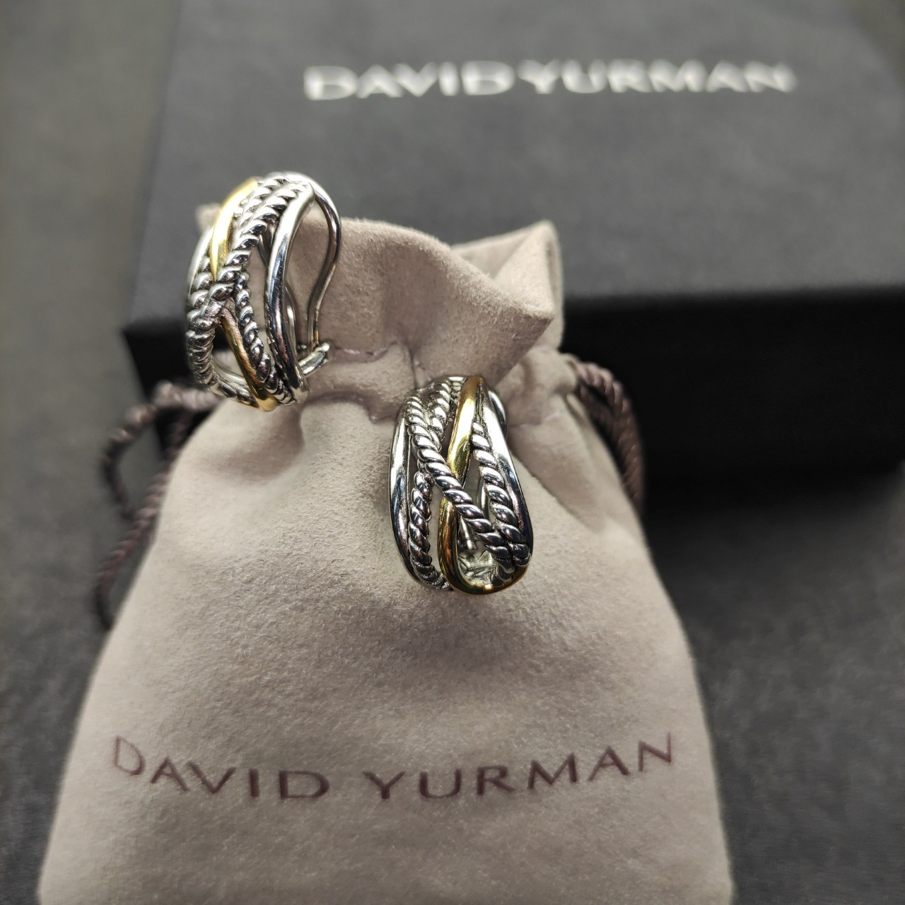 David Yurman Intertwined Cable Hoop Earrings 925 Silver 18K Gold TwoTone