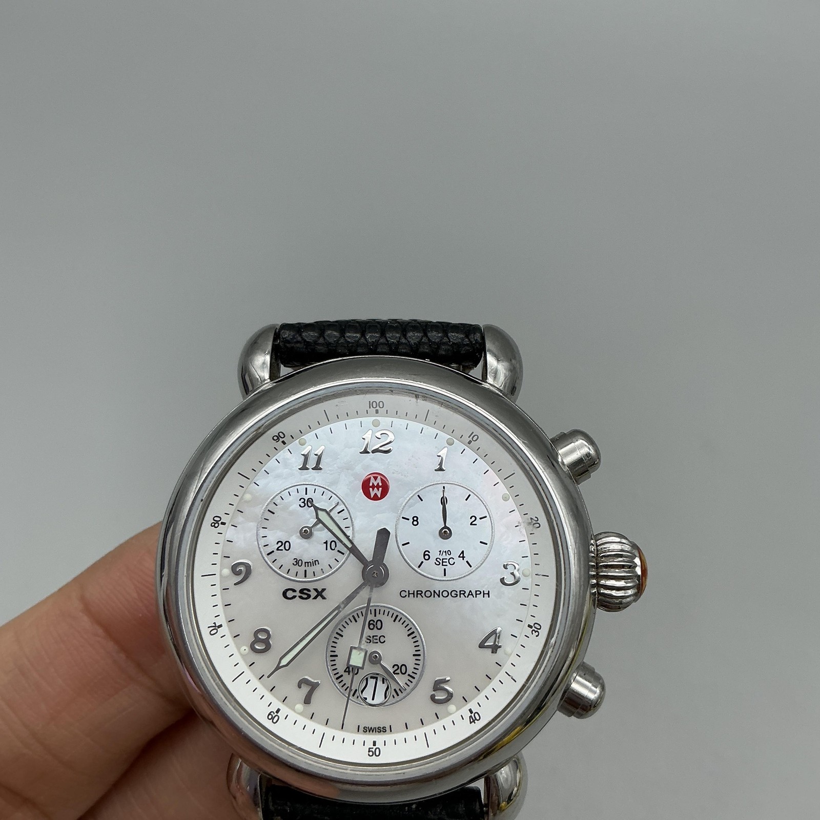 Michele CSX Chronograph Womens Watch 36mm MOP Leather Swiss Leather New Battery