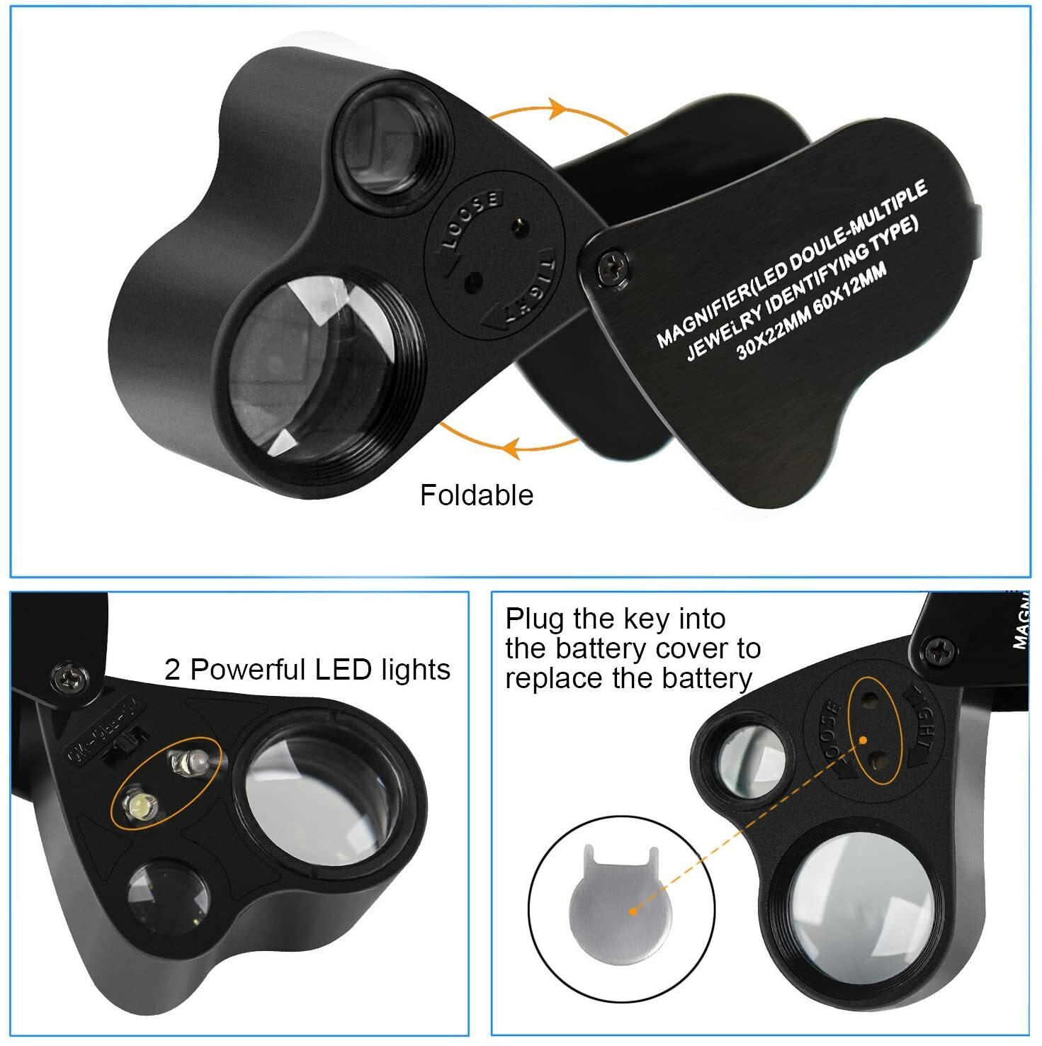 With LED 30X 60X Black Illuminated Jewelry Magnifier Foldable Magnifying Glass