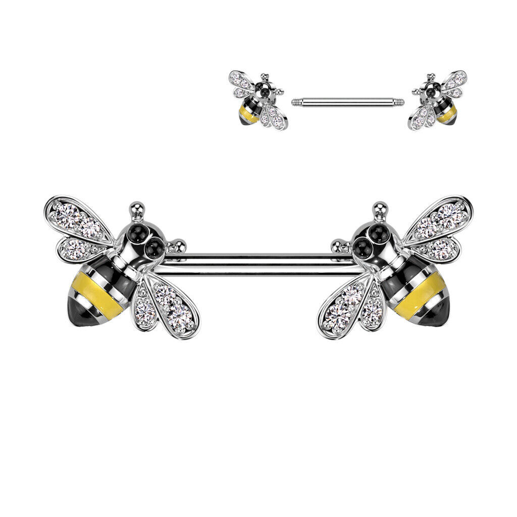 Nipple Ring Straight Barbell With CZ Bee Ends 14G Surgical Steel Sold as a Pair