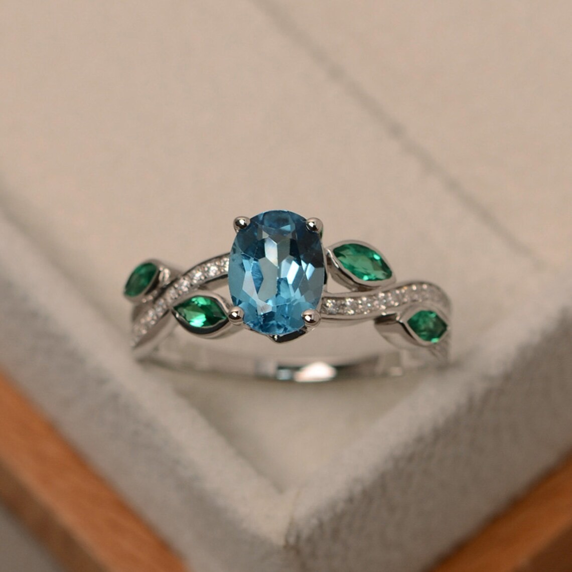 2CT Blue Topaz Gemstone 925 Silver Plated Floral Ring Duty Free