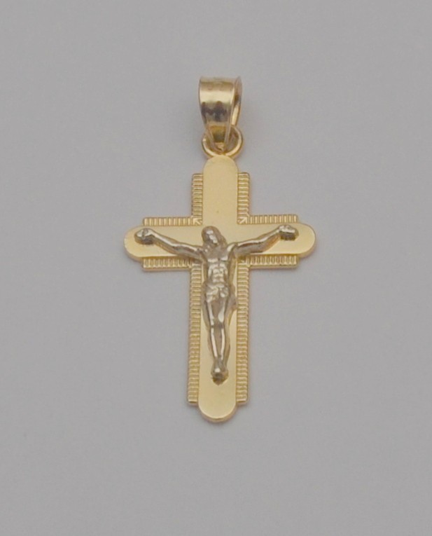 14K Yellow & White Gold Crucifix Cross Pendant 23.9mm x 13.7mm 1.4g P6