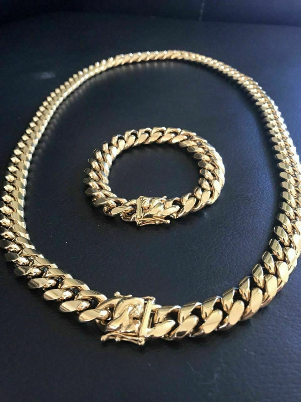 14mm Men’s Miami Cuban Link Bracelet & Chain Set 18k Gold Plated Stainless Steel