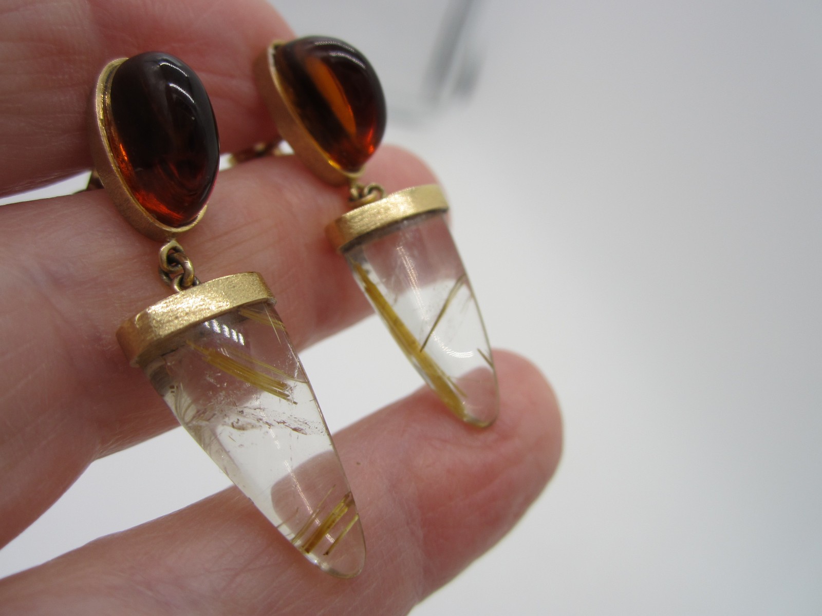Fabulous 14k Yellow Gold Rutilated Quartz Citrine 7.7 Gram Drop Pierced Earrings