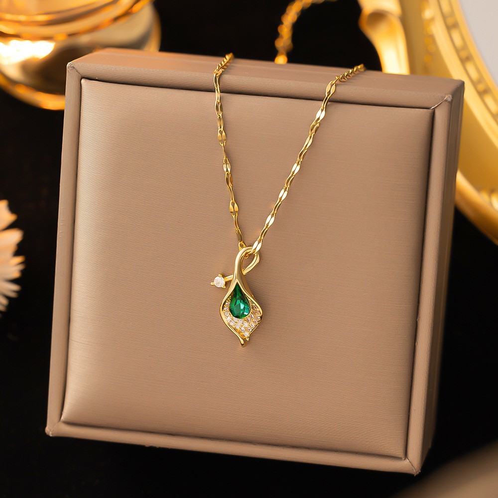 316L Stainless Steel Green Zircon Crystal Leaf Necklace Retro Gift for Women