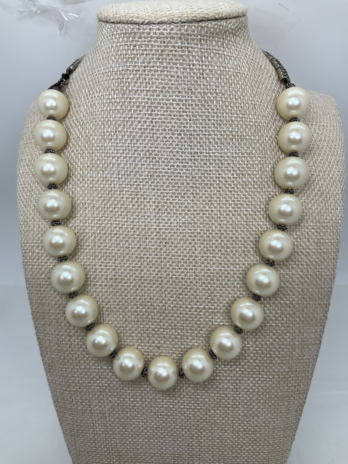 Lauren Ralph Lauren RL Silver Tone Faux Pearl Necklace Celtic Knot Design 18″