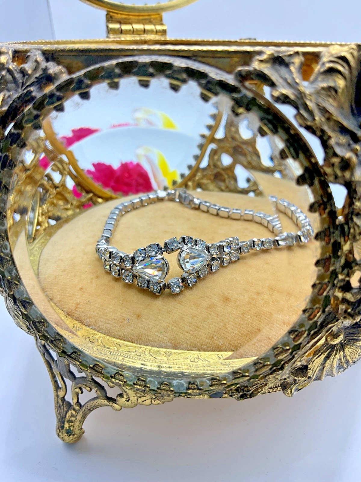 Vintage Unsigned Clear Rhinestone Tennis Bracelet Pear Cut Silver Tone 7”