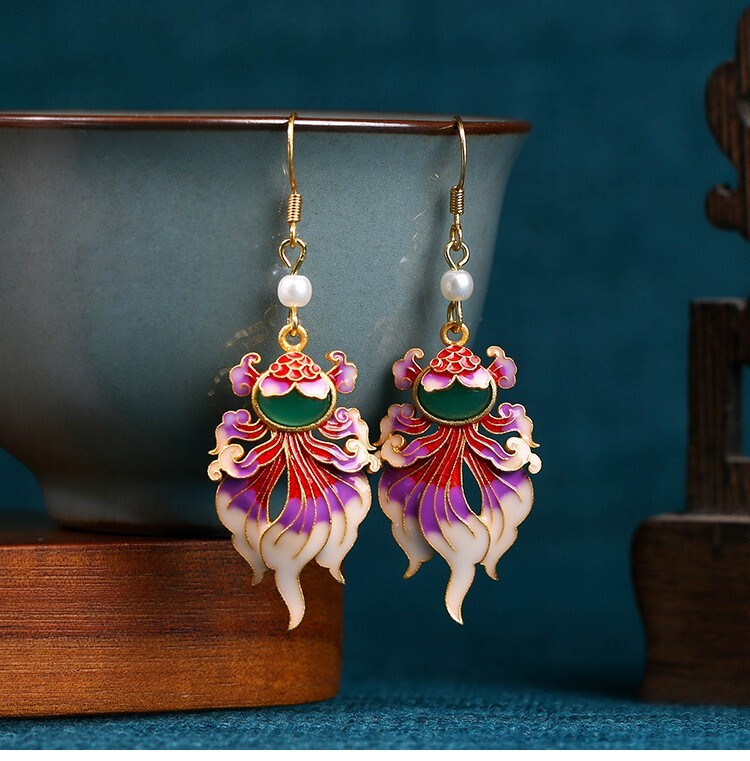Jade Enamel Pearl Dangle Earrings Boho Goldfish Dainty Gemstone 18K Gold Plated
