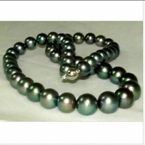 AAAA 10-11mm REAL natural ROUND TAHITIAN black pearl necklace 14k Gold Clasp