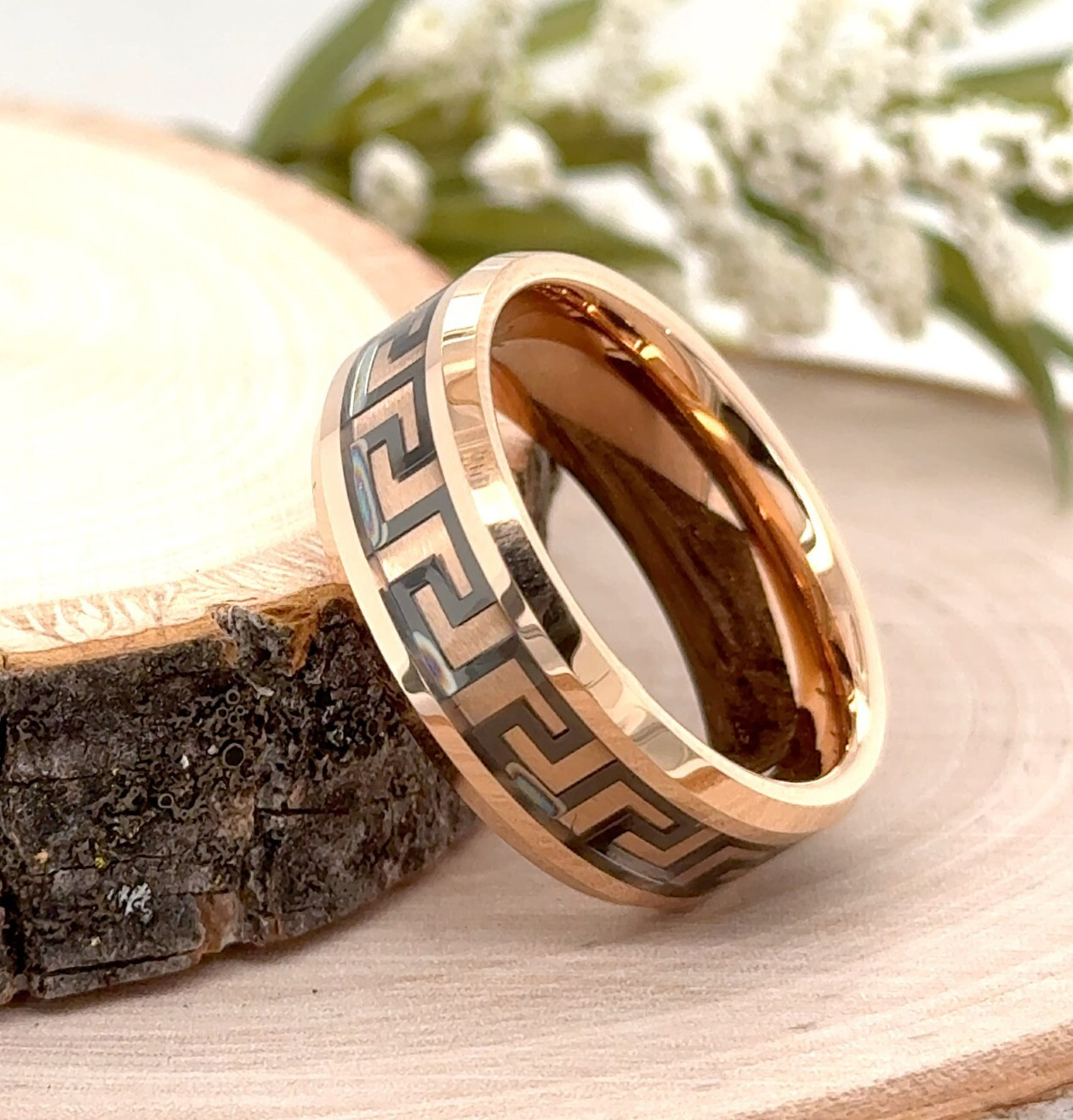 Rose Gold Polished Tungsten 8mm Modern Ring Greek Key Inlay Unisex Classic Band