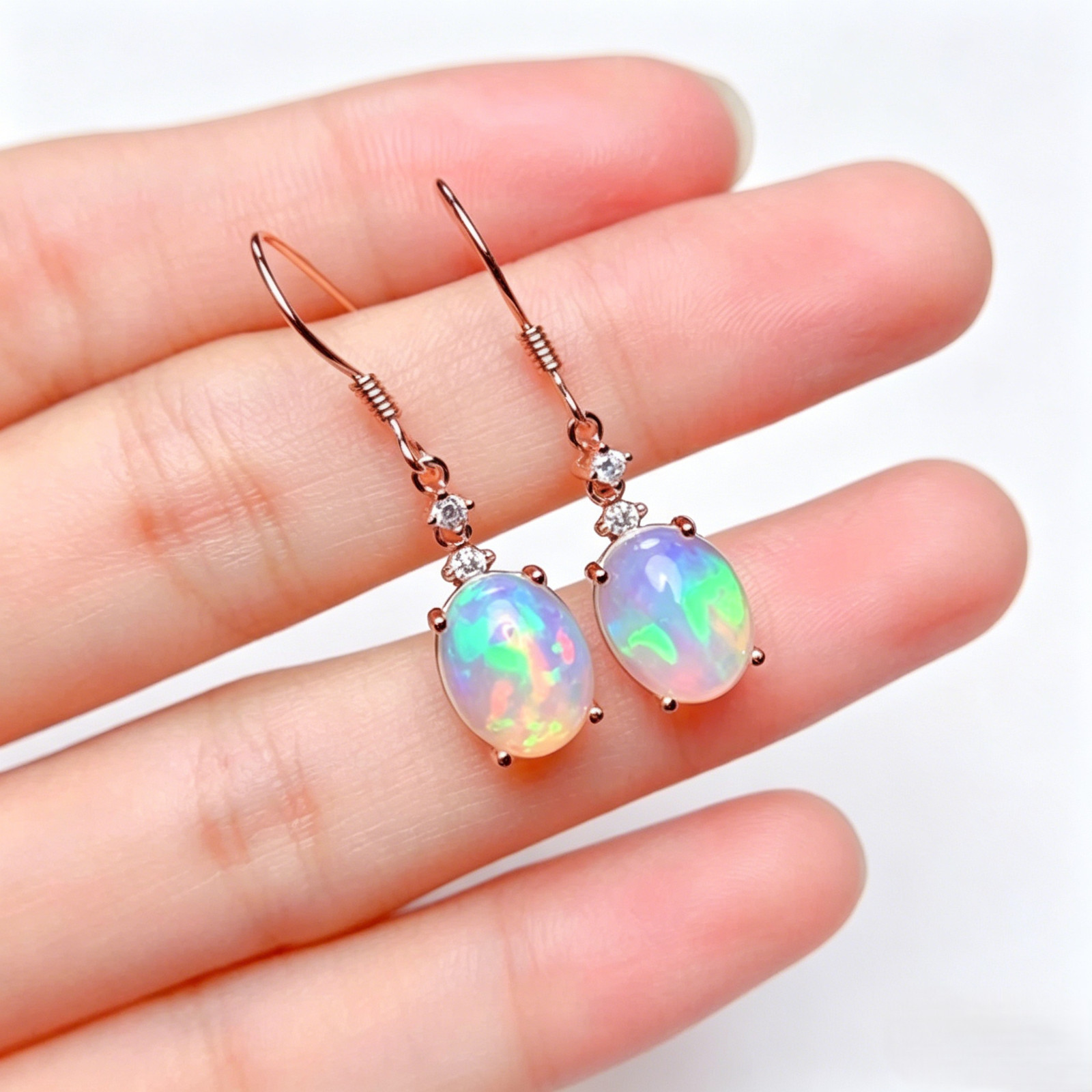White Opal Dangle Earrings – Sterling Silver Plated Oval Fire Opal Drop Earrings