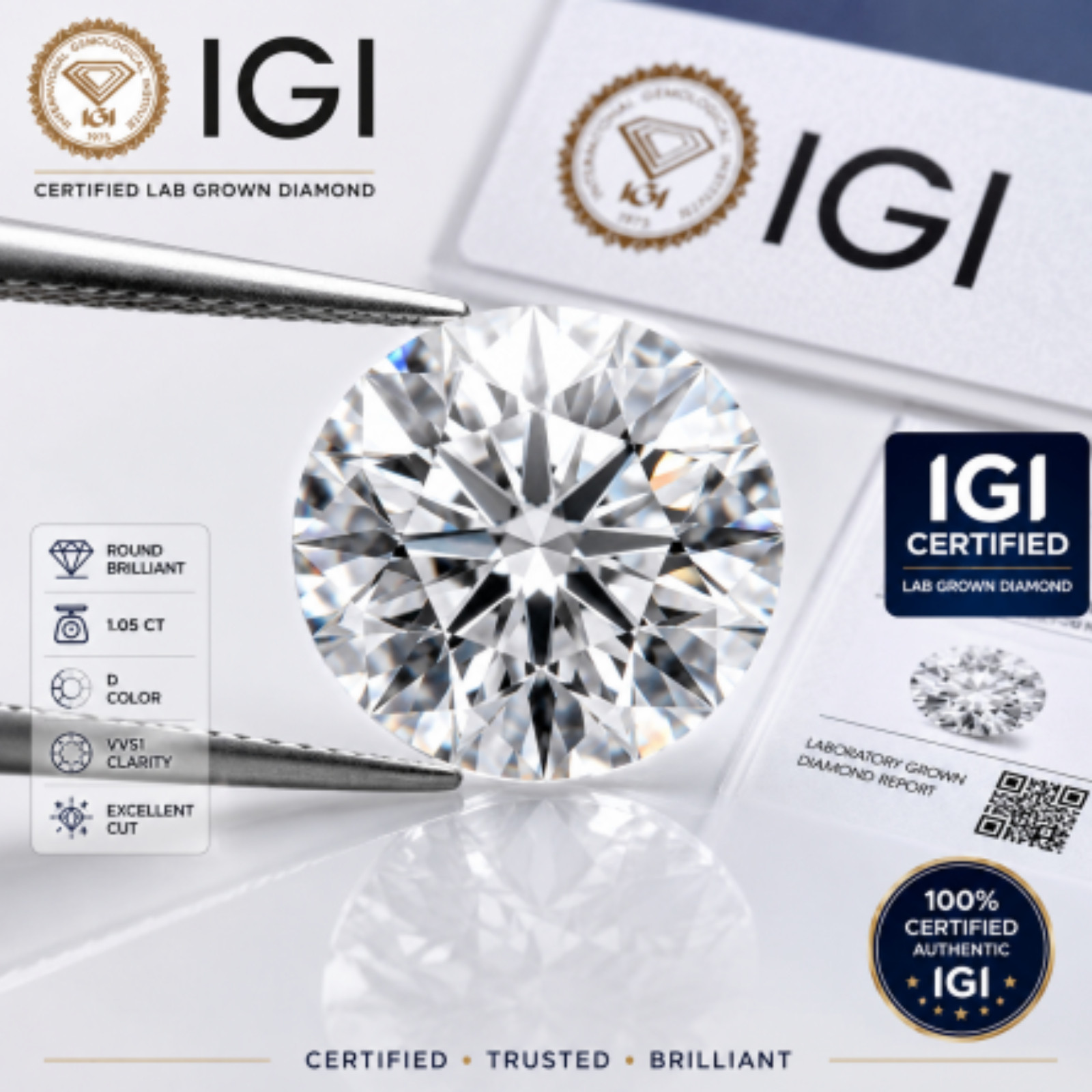 5.05 CT Round Lab Grown Diamond ,VVS1 Clarity, D Color, IGI Certified