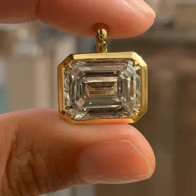 3CT Emerald Cut Moissanite Bezel Pendant Necklace 14K Yellow Gold Plated VVS1