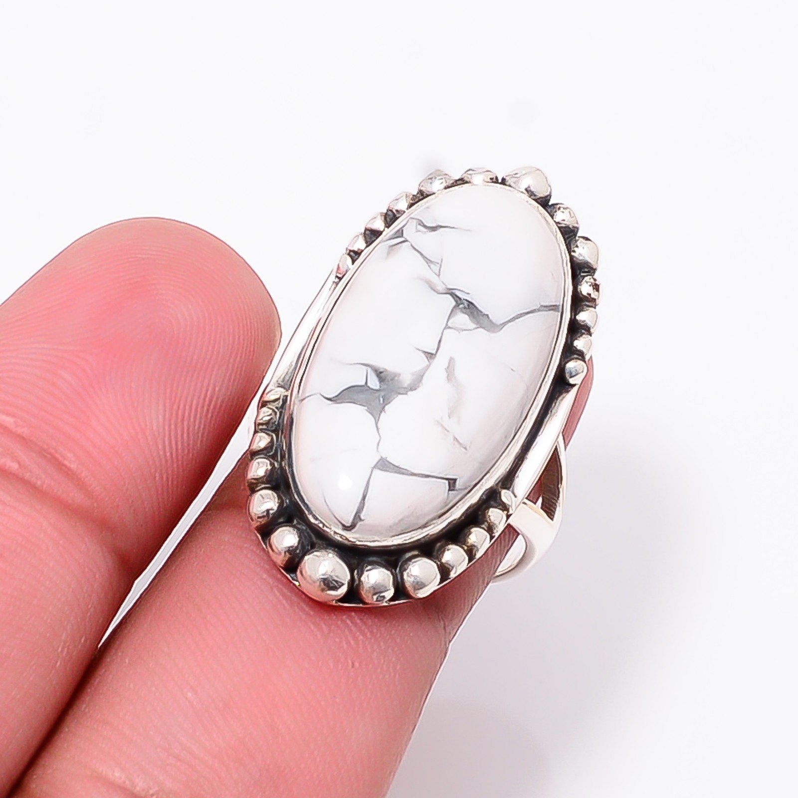 Natural White Howlite – United States Gemstone 925 Sterling Silver Ring S.7 R488
