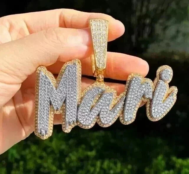 3.0Ct Round Cut Real Moissanite Custom Name Charm Pendant 14K Yellow Gold Plated