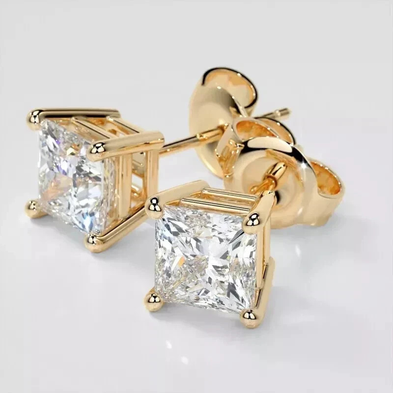 Princess Cut Lab Created Diamond Stud Earrings 14k Yellow Gold Plated 2.00 Ct