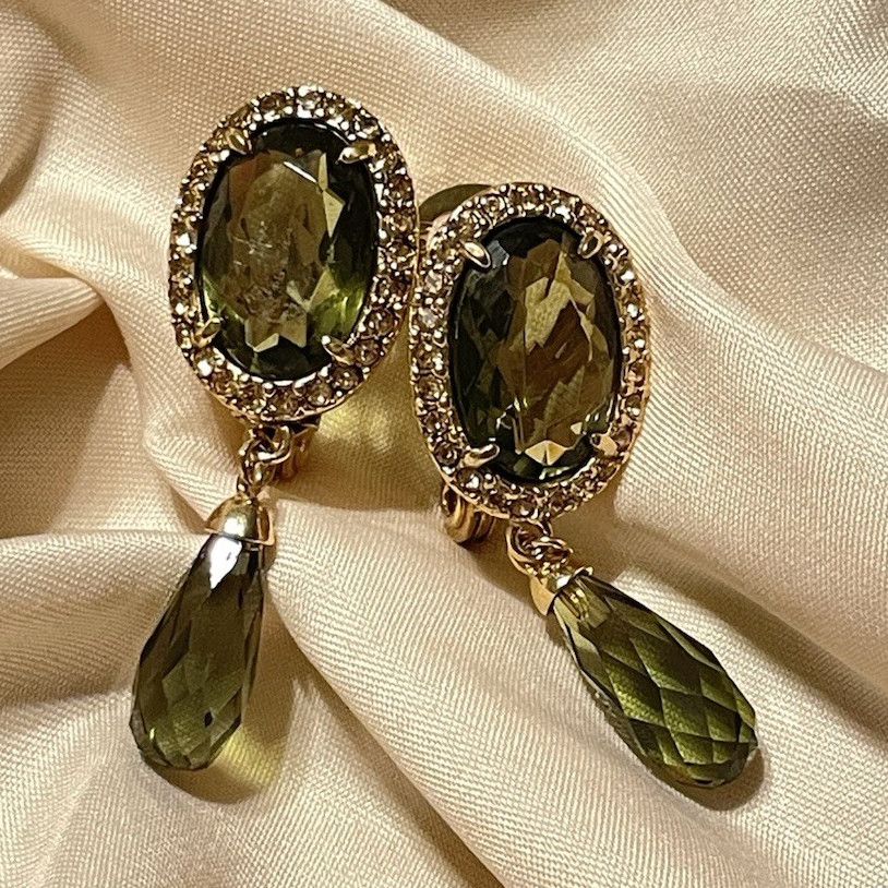 Vintage Monet Gold Tone Green Faceted Crystal & Teardrop Pavé Clip-On Earrings