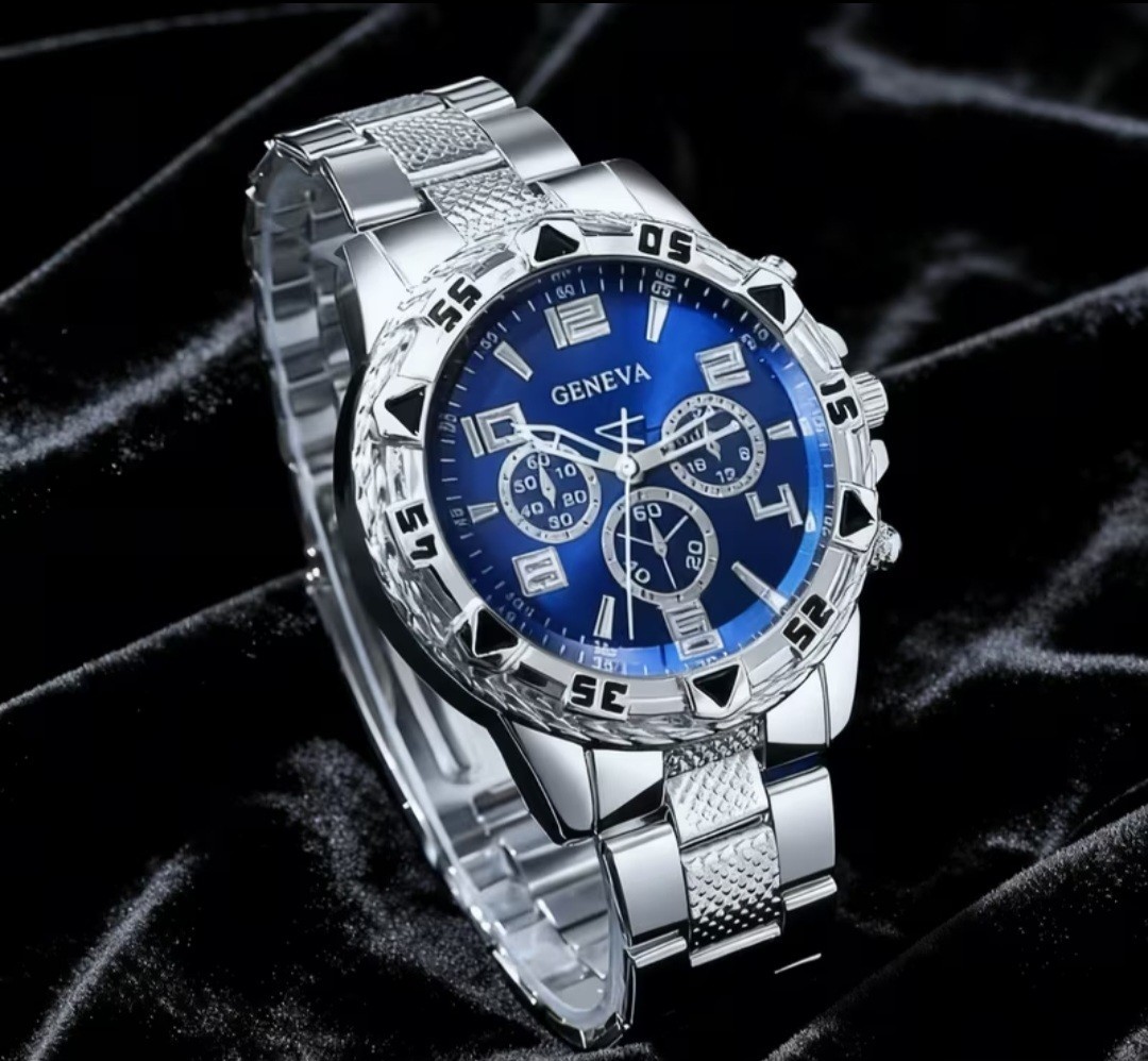 Geneva Men’s Blue Dial Quartz Chronograph Silver Steel Bracelet Watch 46mm