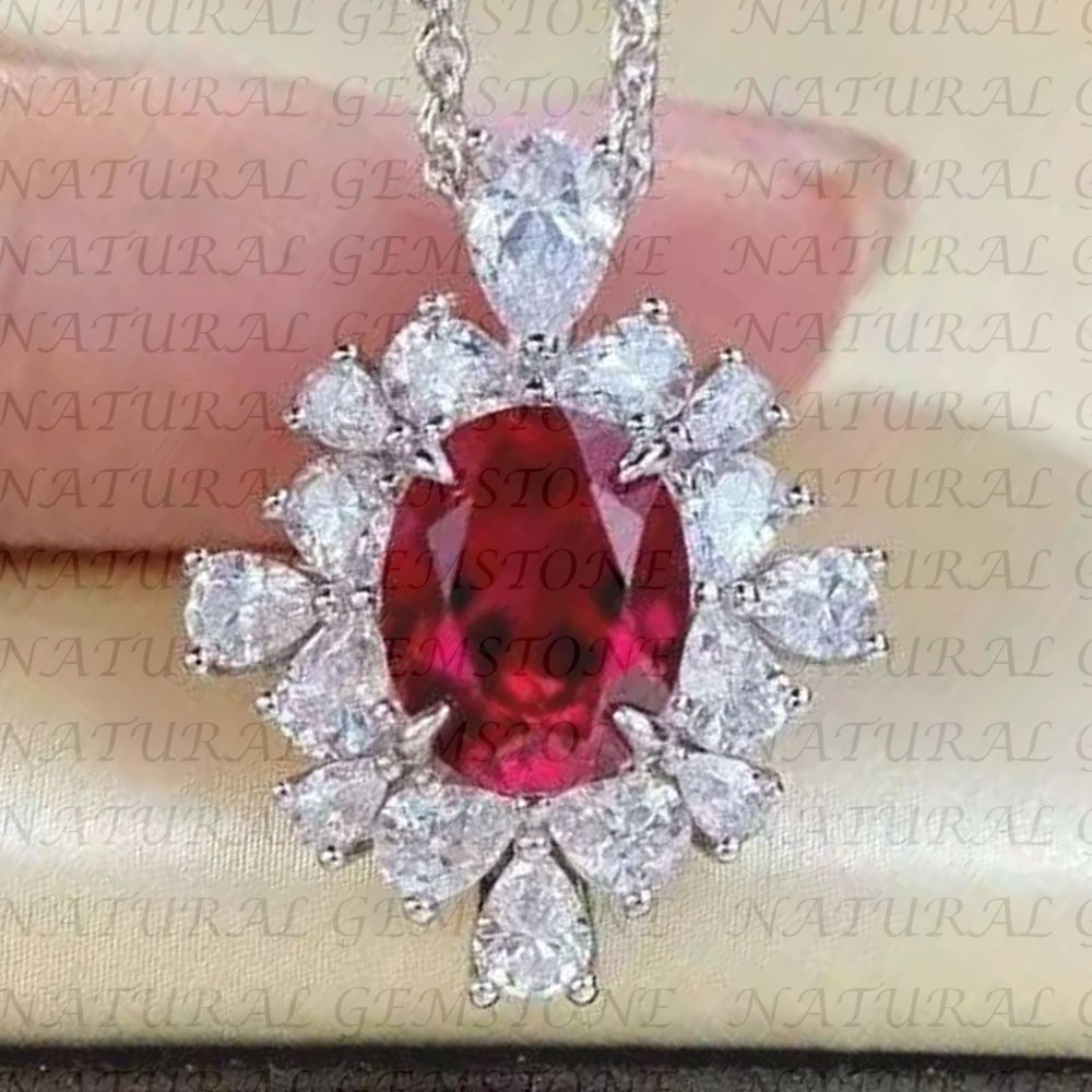 6.80Carat Oval Shape Natural Red Ruby and Diamond Pendant 18K White Gold Plated