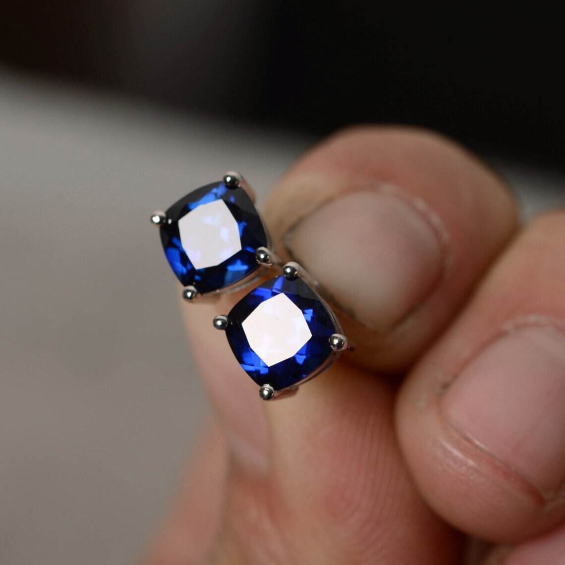 Lab Created Blue Sapphire Cushion 925 Solid Silver Women Designer Stud Earrings
