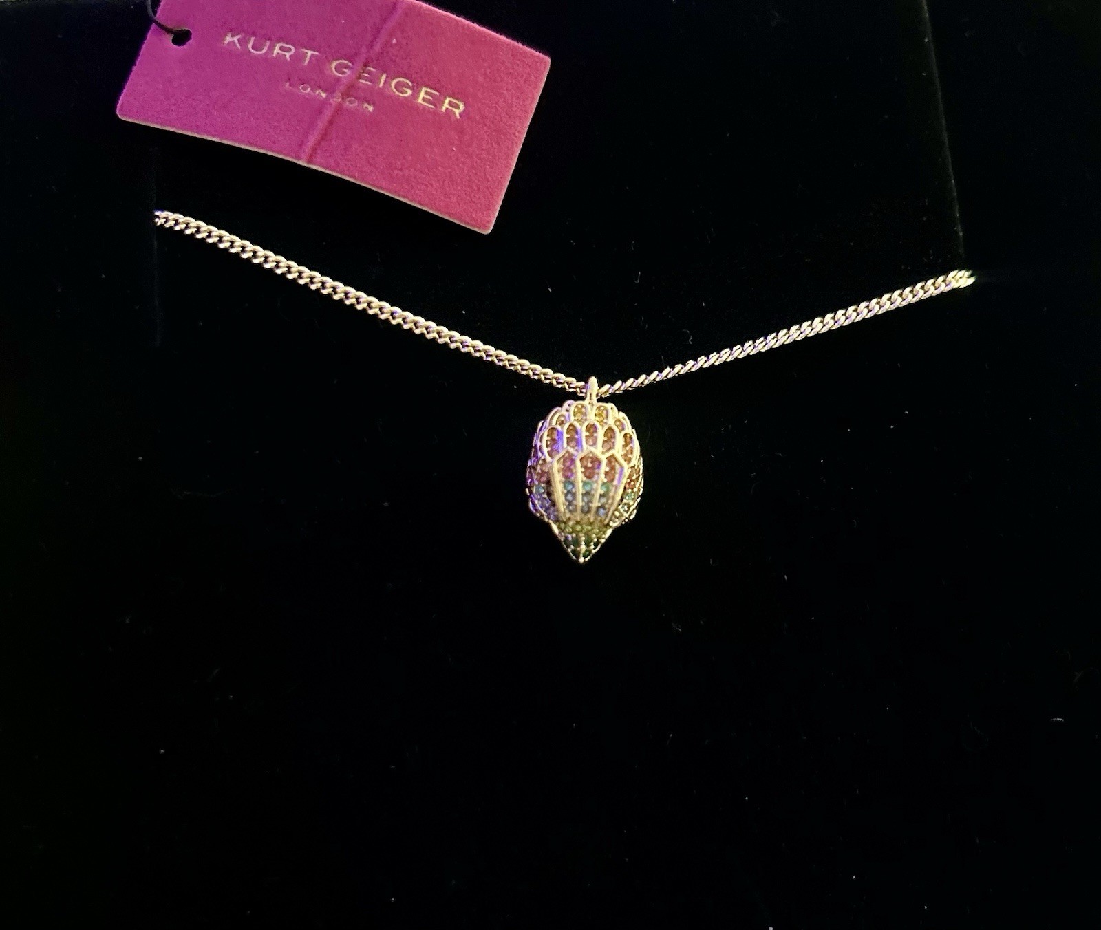 Kurt Geiger Eagle Head Pendant Necklace Multicolor Pavé Crystal Gold 16-18″