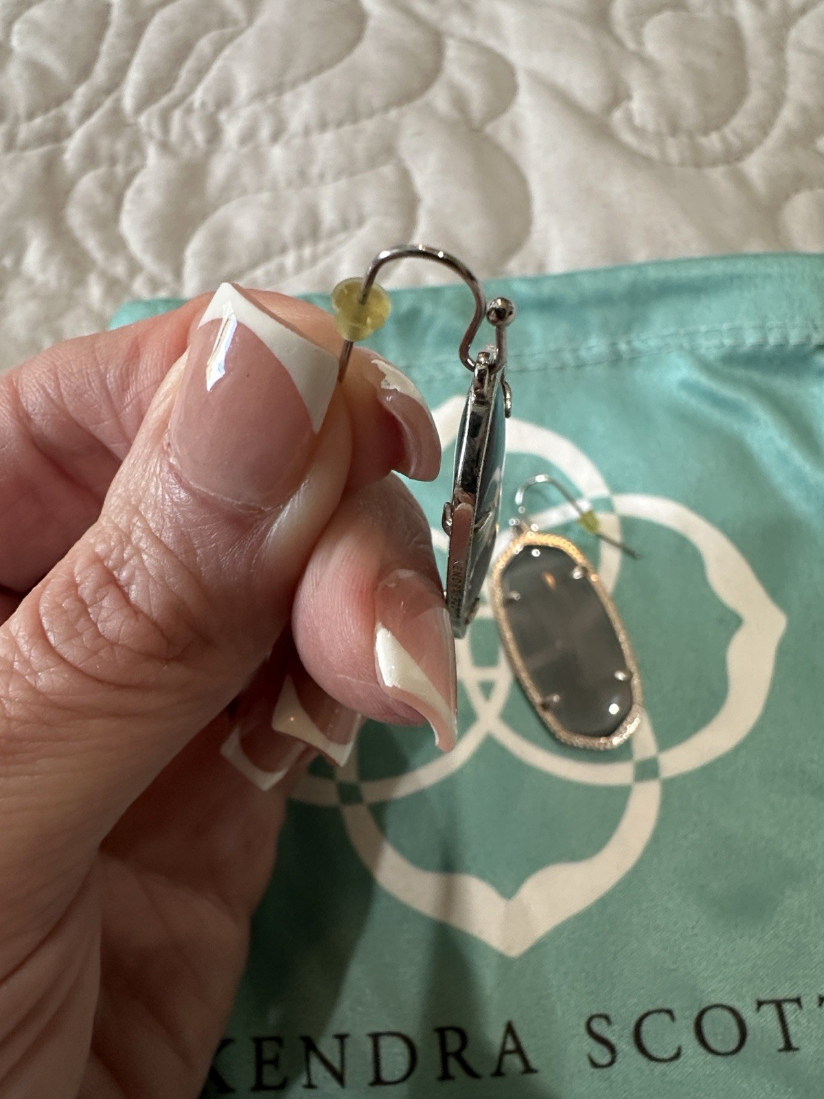 Kendra Scott Signed Silver Plated Gray Oval Glass Dangle Drop Hook Earrings