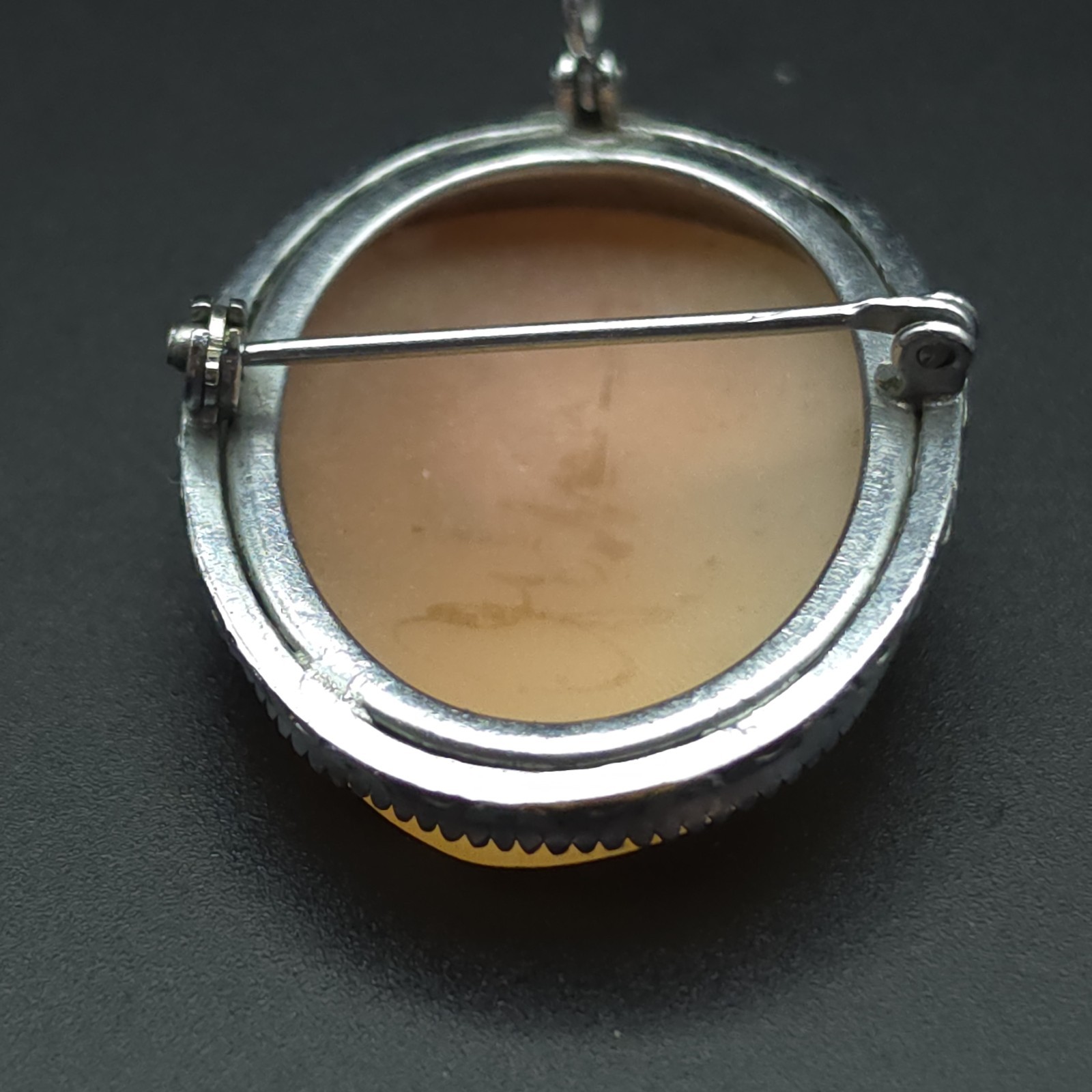 Antique Art Deco Hand Carved Shell Cameo Pendant Brooch Floral Lady Silver Tone