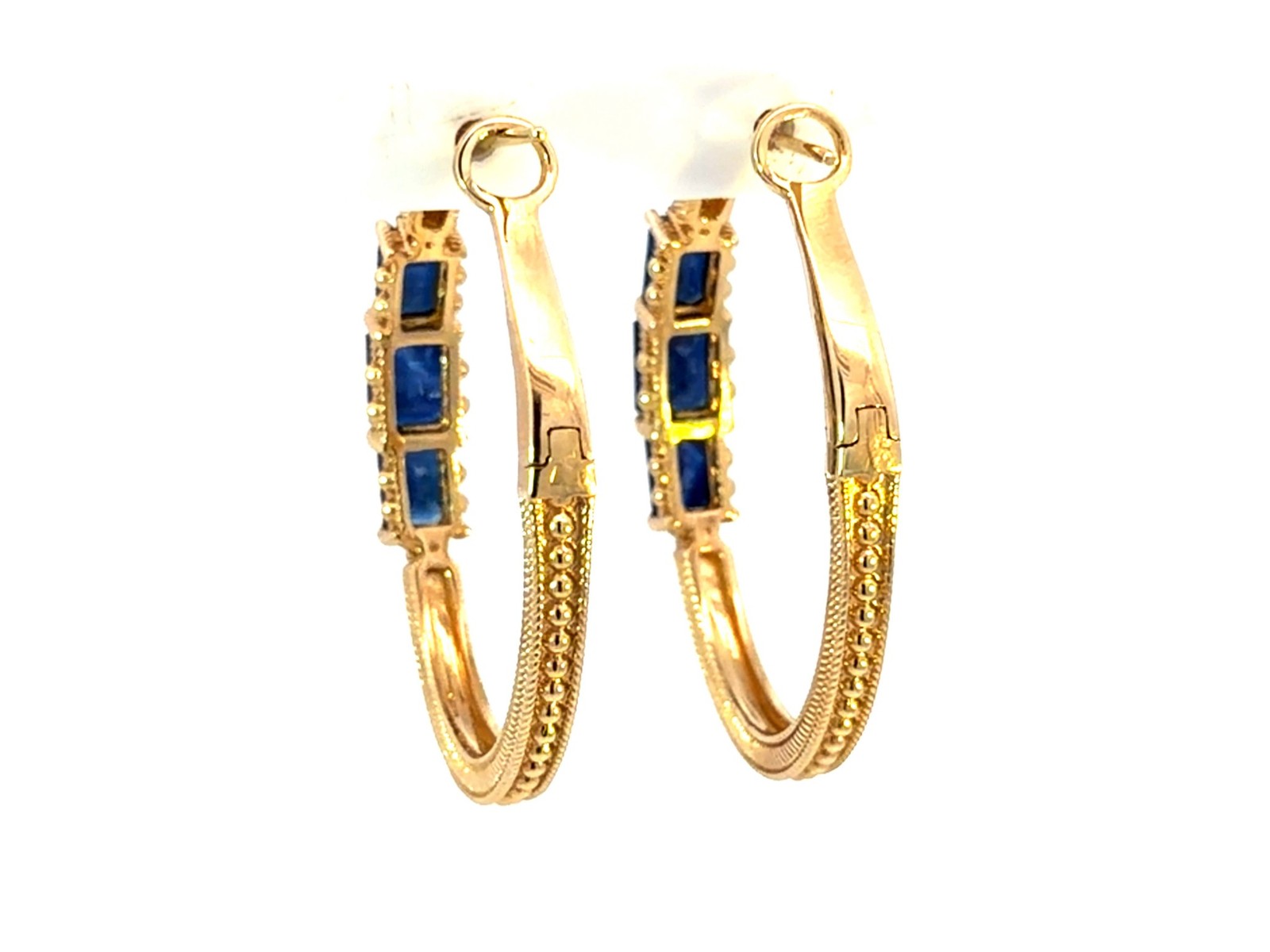 Judith Ripka Emerald Cut Sapphire Diamond Hoop Earrings 14k Yellow Gold