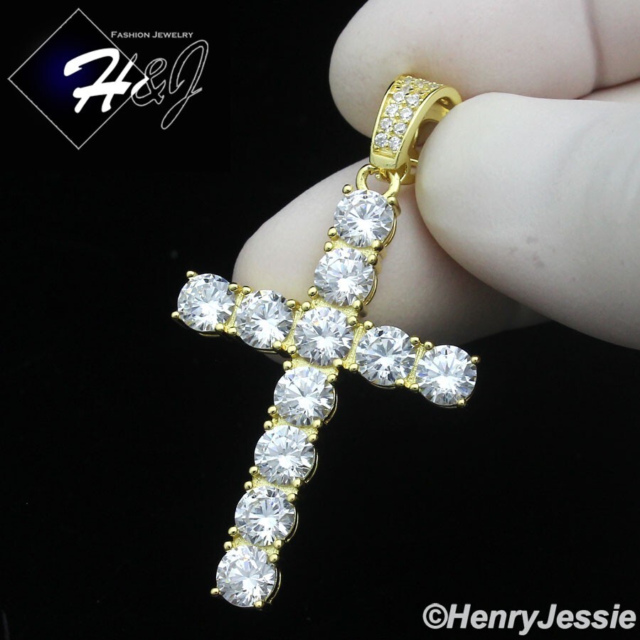 MEN 925 STERLING SILVER ICY CZ 3D 1 ROW TENNIS GOLD PLATED CROSS PENDANT*GP450