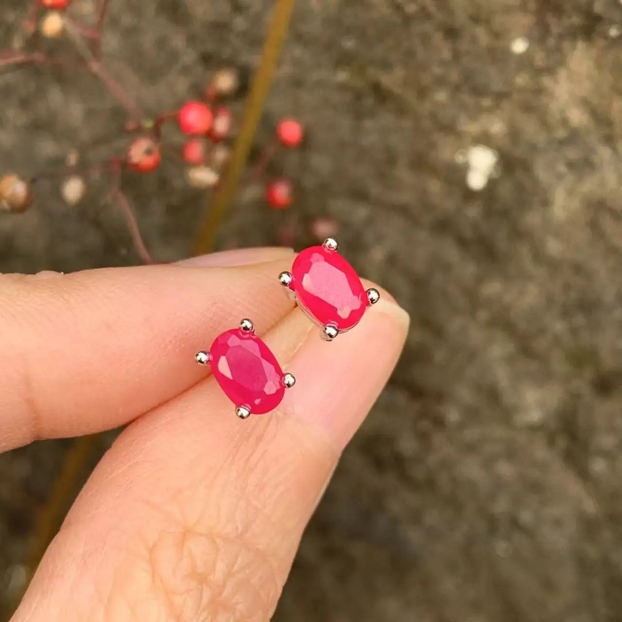 Oval Natural Ruby Earrings Women 925 Sterling Silver Stud Earring Party Jewelry