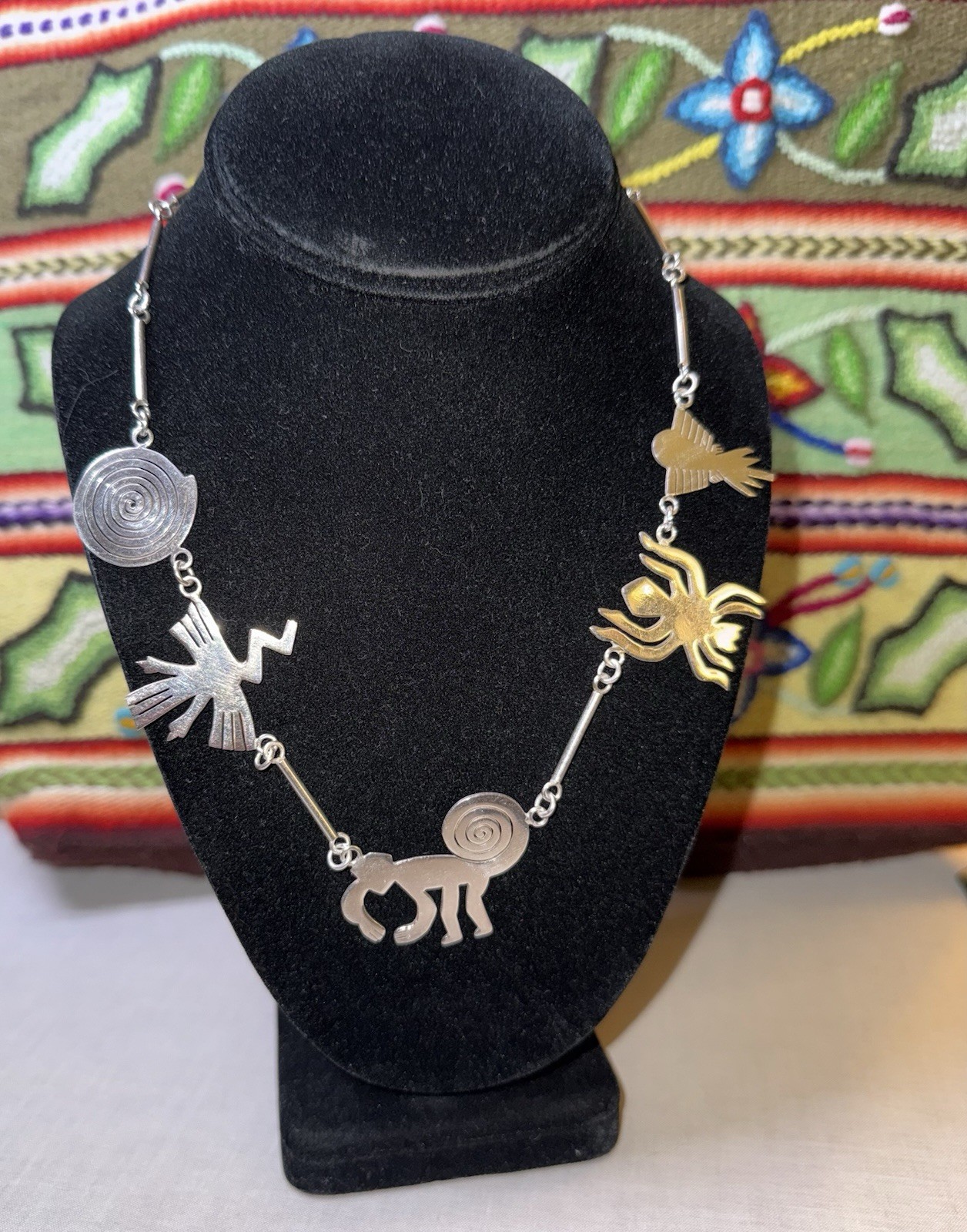 Spirit Animals 🐒🕷️🦇🪶18” Artisan Nazca lines Design Sterling Peru Necklace