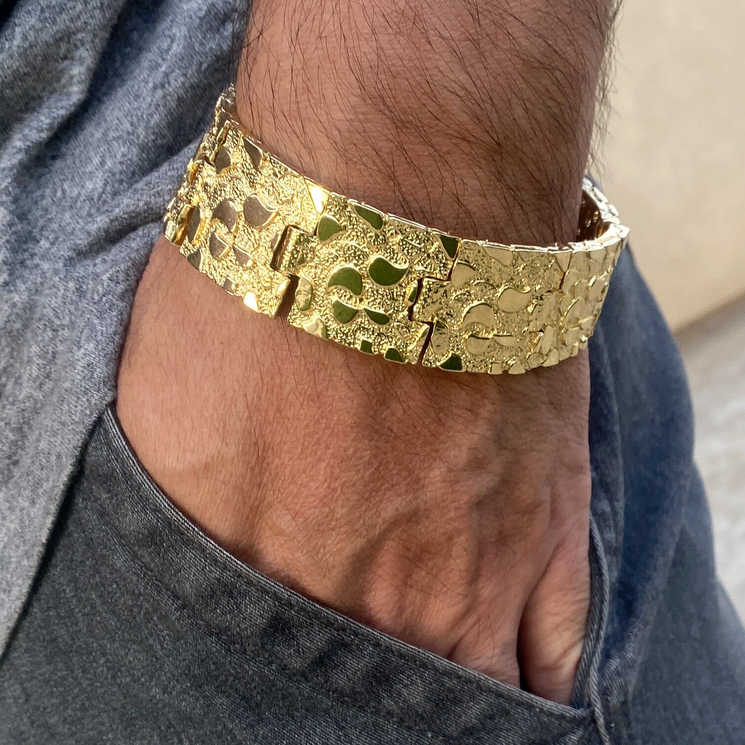 Men’s 14K Gold Plated “Gold Nugget” Heavy Hip Hop Bracelet Big 24MM Thick 8″ in