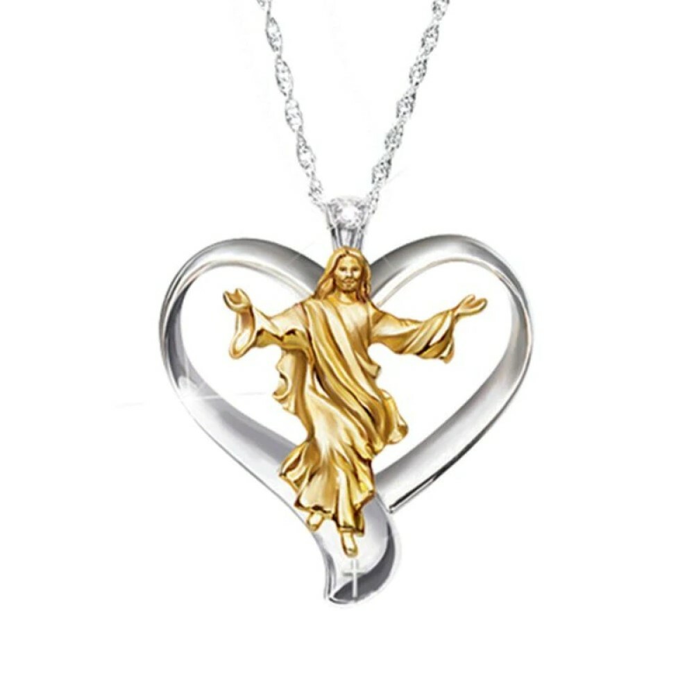 Jesus Christ Heart Pendant – 19″ Singapore Chain, Silver & Gold Necklace