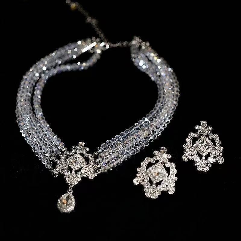 Alloy Jewelry Set Layer Clear Cubic Zirconia Simulated Diamond Necklace Earrings