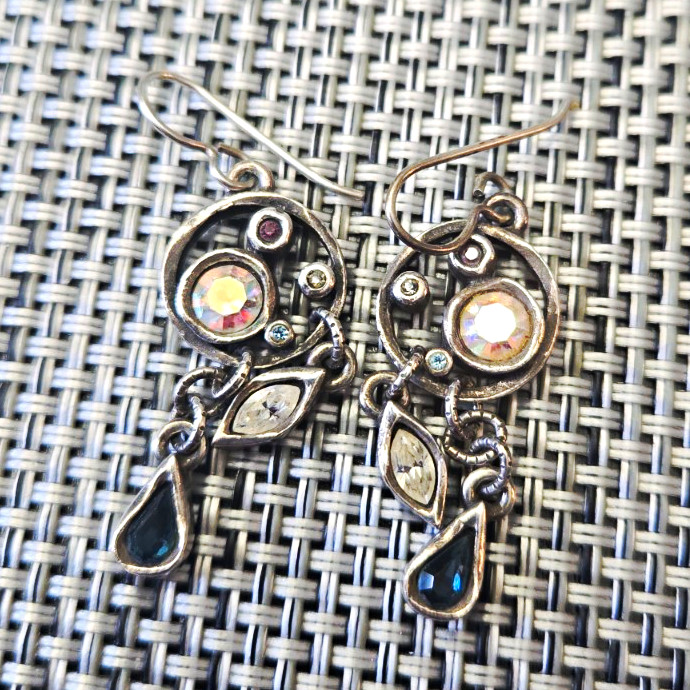 Silver teardrop dangle drop earrings clear crystal hook closure nickel-free